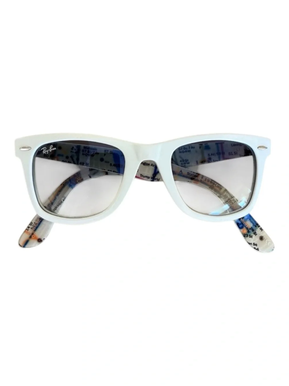 Ray-Ban White Frame Sunglasses with Blue-Tinted Lenses